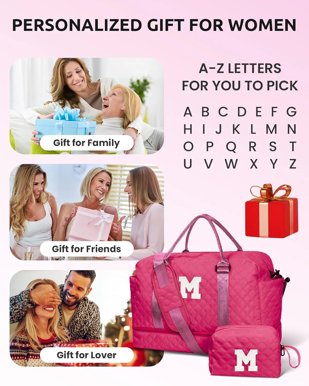 Monogrammed Gift for Woman, Gifts for Women-Initial Travel Bag with Shoe Compartment, Personalized Weekender Bag, Monogram Overnight Bag for Women, Travel Bag with Makeup Bag (Letter I)