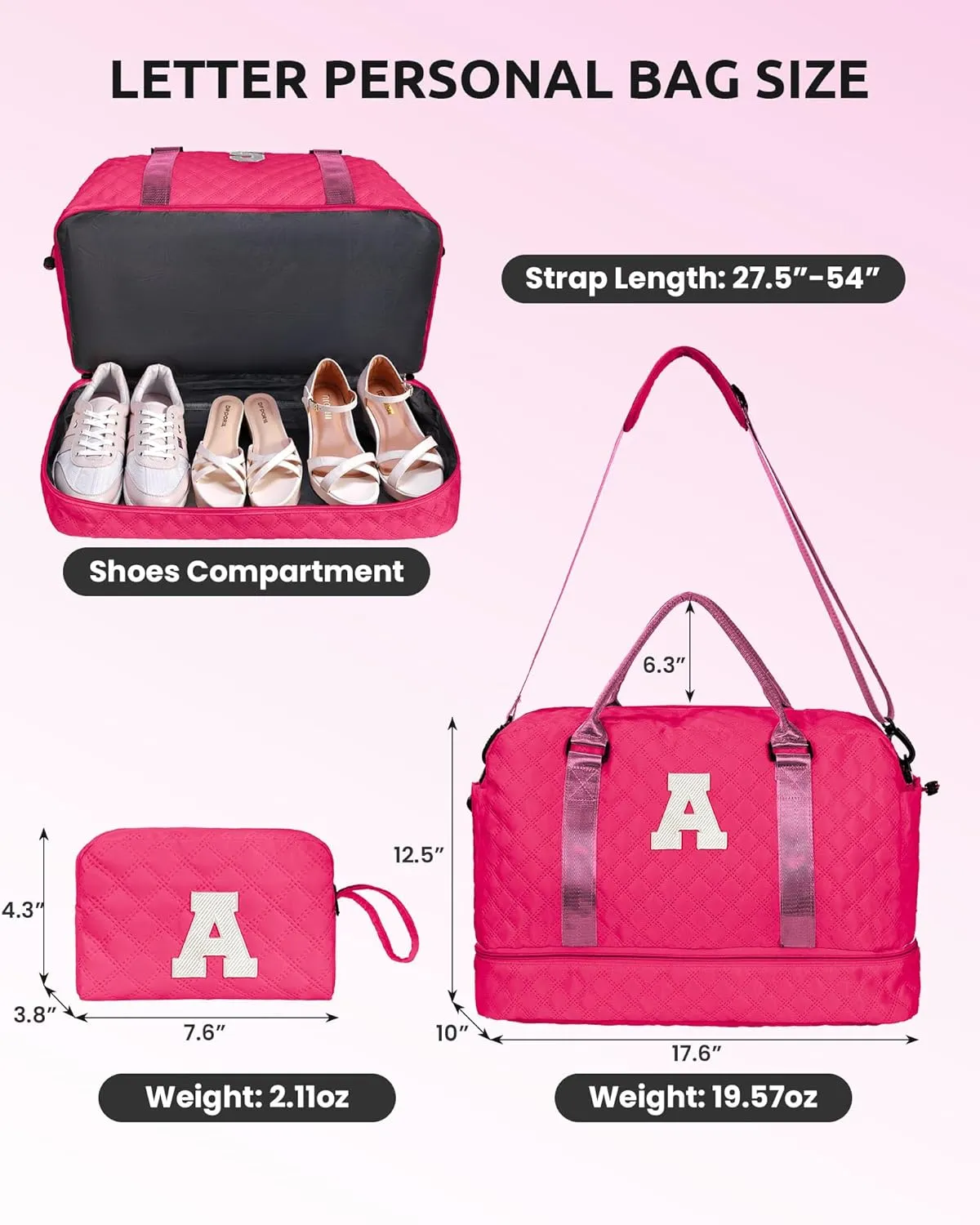 Monogrammed Gift for Woman, Gifts for Women-Initial Travel Bag with Shoe Compartment, Personalized Weekender Bag, Monogram Overnight Bag for Women, Travel Bag with Makeup Bag (Letter I)