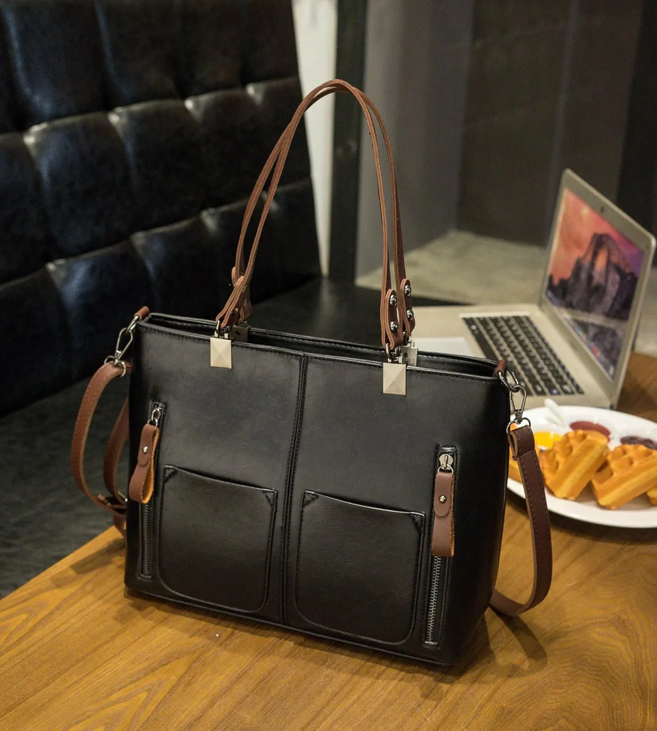 myfriday Vintage Leather Tote Bags for Women Large Capacity Zipper Top-handle Bag Ladies Satchel Bag Shoulder Handbag Purse