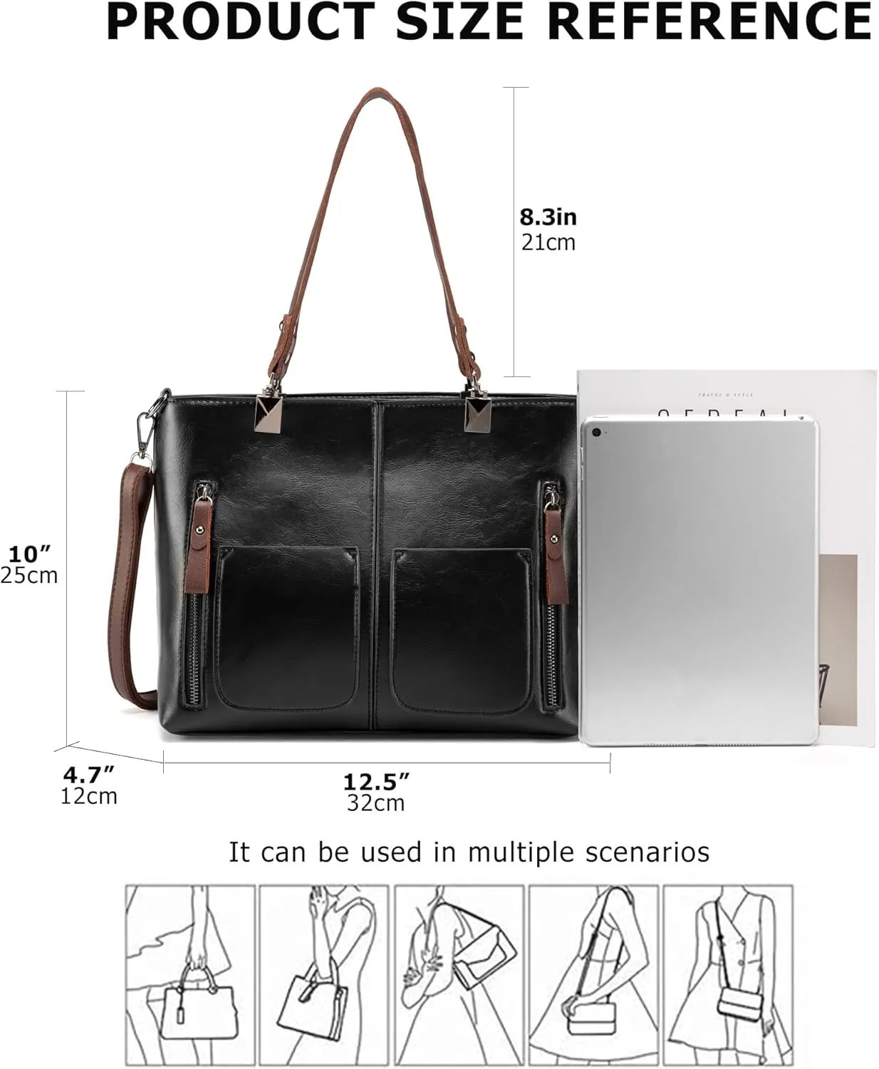 myfriday Vintage Leather Tote Bags for Women Large Capacity Zipper Top-handle Bag Ladies Satchel Bag Shoulder Handbag Purse
