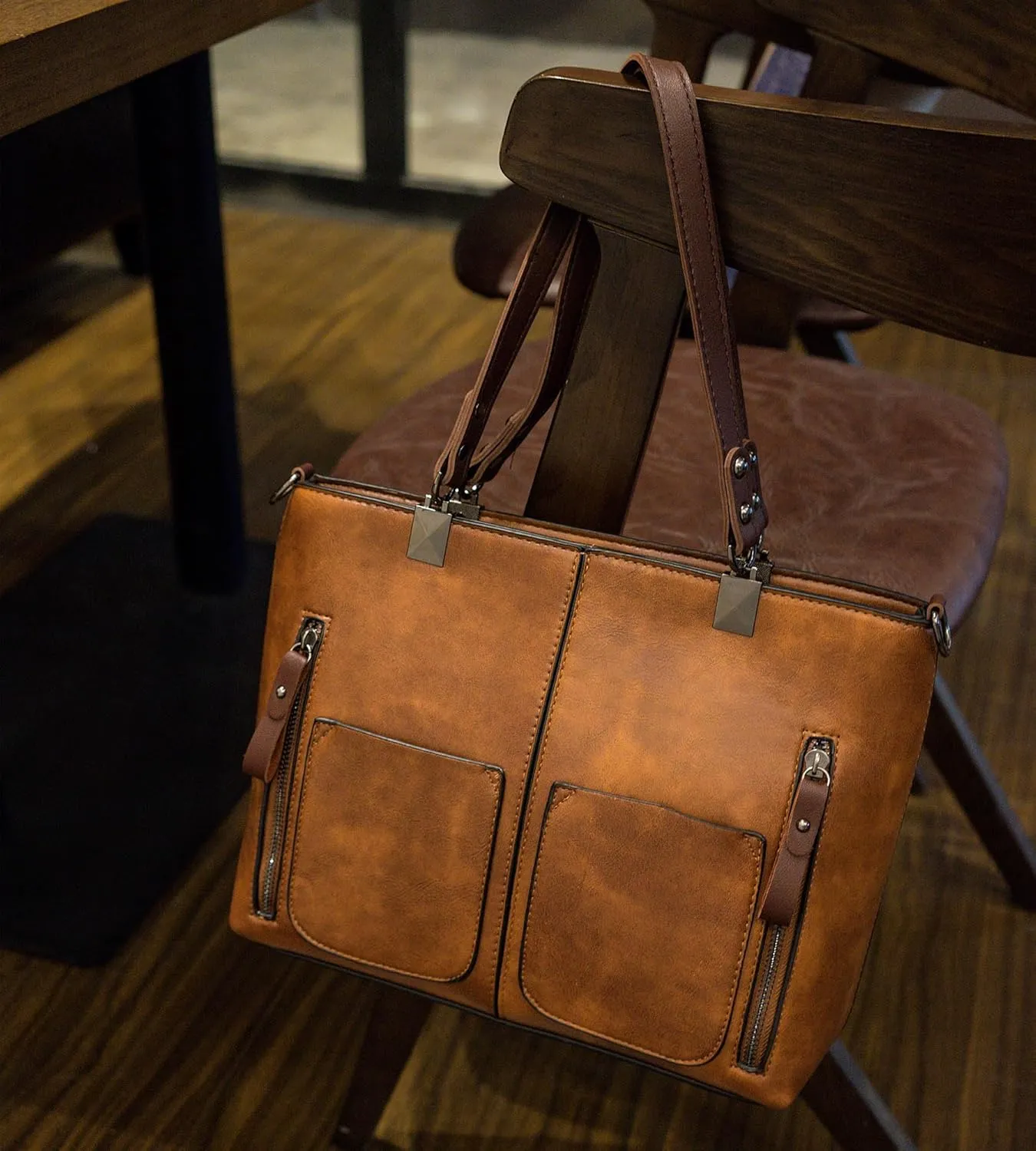 myfriday Vintage Leather Tote Bags for Women Large Capacity Zipper Top-handle Bag Ladies Satchel Bag Shoulder Handbag Purse