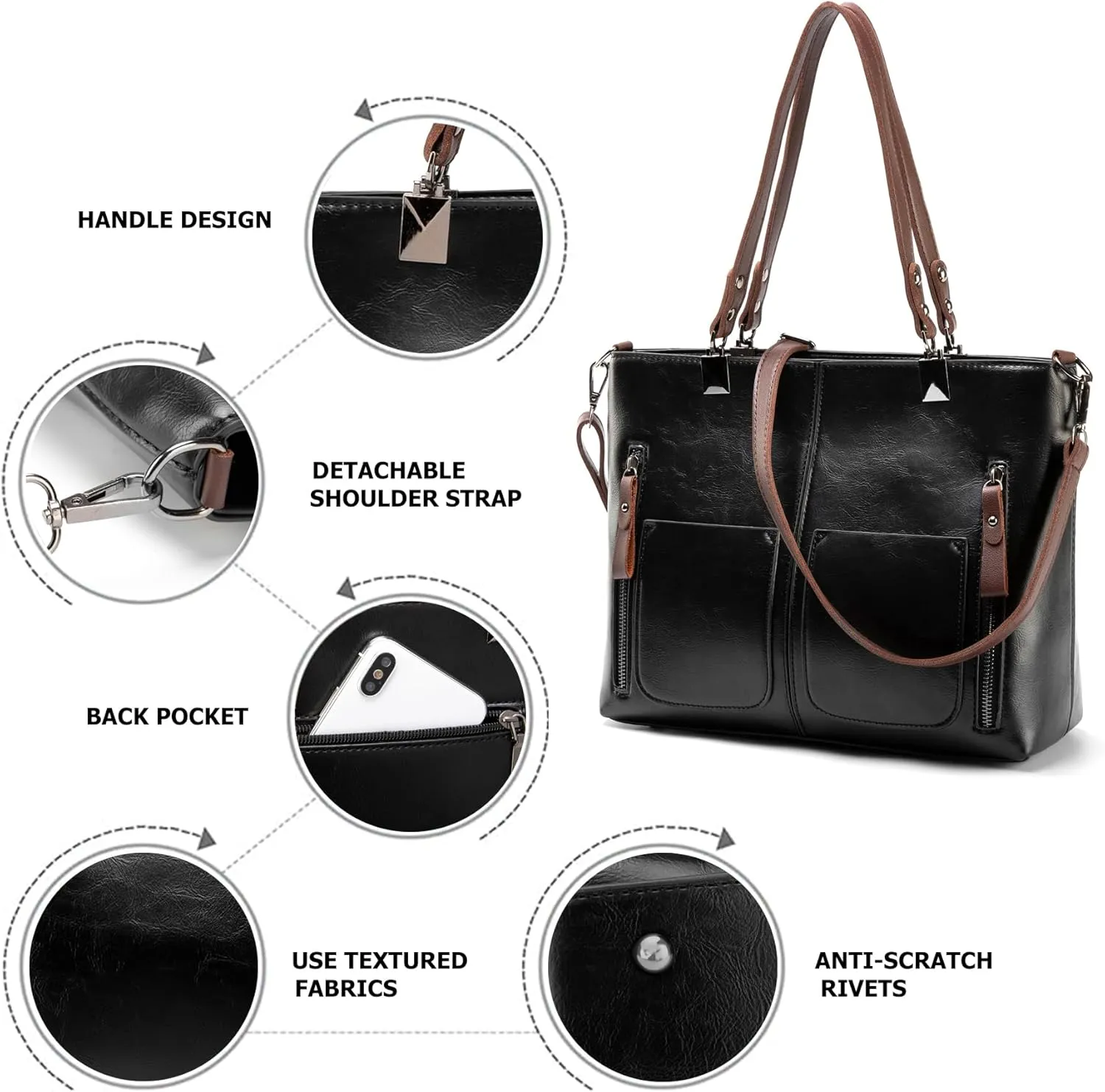 myfriday Vintage Leather Tote Bags for Women Large Capacity Zipper Top-handle Bag Ladies Satchel Bag Shoulder Handbag Purse