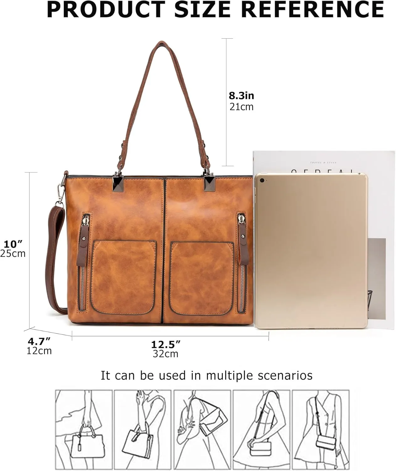 myfriday Vintage Leather Tote Bags for Women Large Capacity Zipper Top-handle Bag Ladies Satchel Bag Shoulder Handbag Purse