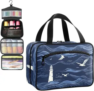Night Wave Lighthouse Seagull Travel Toiletry Bag, Hanging Toiletry Bag Portable with Zipper, Sewing Storage with 4 Compartment and Hook for women/men Travel/Daily Use