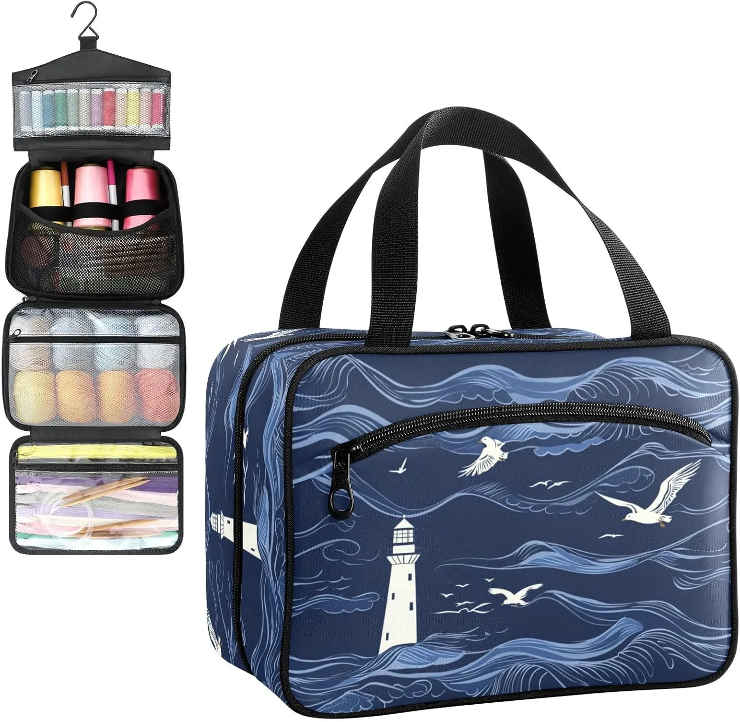 Night Wave Lighthouse Seagull Travel Toiletry Bag, Hanging Toiletry Bag Portable with Zipper, Sewing Storage with 4 Compartment and Hook for women/men Travel/Daily Use