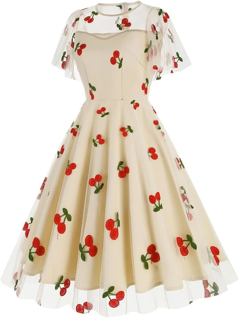 ODIZLI Women's 1950s Retro Vintage Dress Short Sleeve Round Neck Heart Print Embroidery Ruffle Mesh Swing Dress