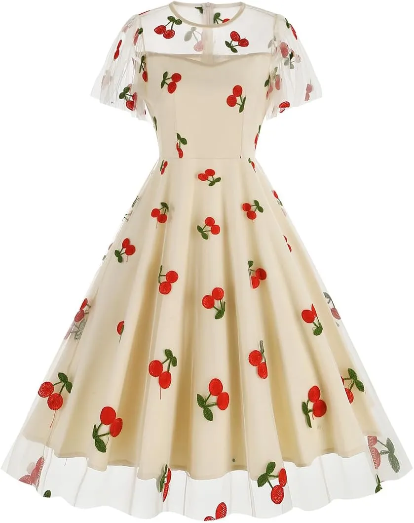 ODIZLI Women's 1950s Retro Vintage Dress Short Sleeve Round Neck Heart Print Embroidery Ruffle Mesh Swing Dress