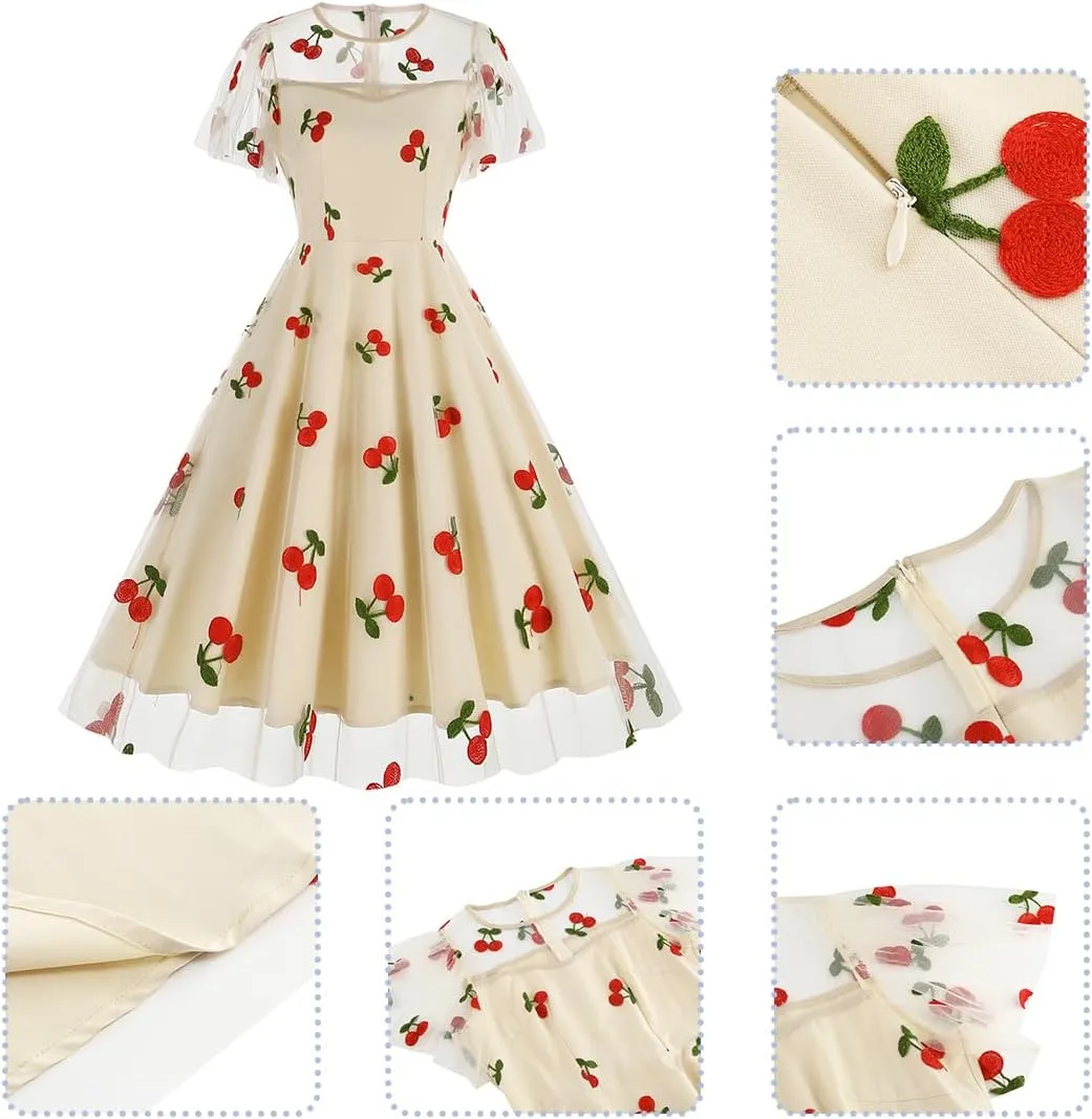 ODIZLI Women's 1950s Retro Vintage Dress Short Sleeve Round Neck Heart Print Embroidery Ruffle Mesh Swing Dress