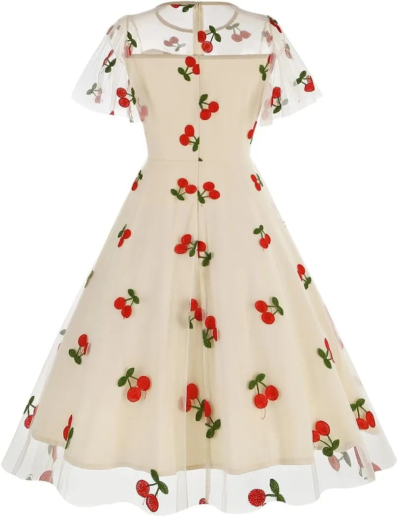 ODIZLI Women's 1950s Retro Vintage Dress Short Sleeve Round Neck Heart Print Embroidery Ruffle Mesh Swing Dress