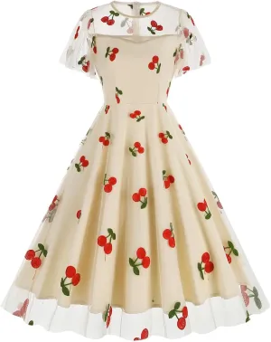 ODIZLI Women's 1950s Retro Vintage Dress Short Sleeve Round Neck Heart Print Embroidery Ruffle Mesh Swing Dress