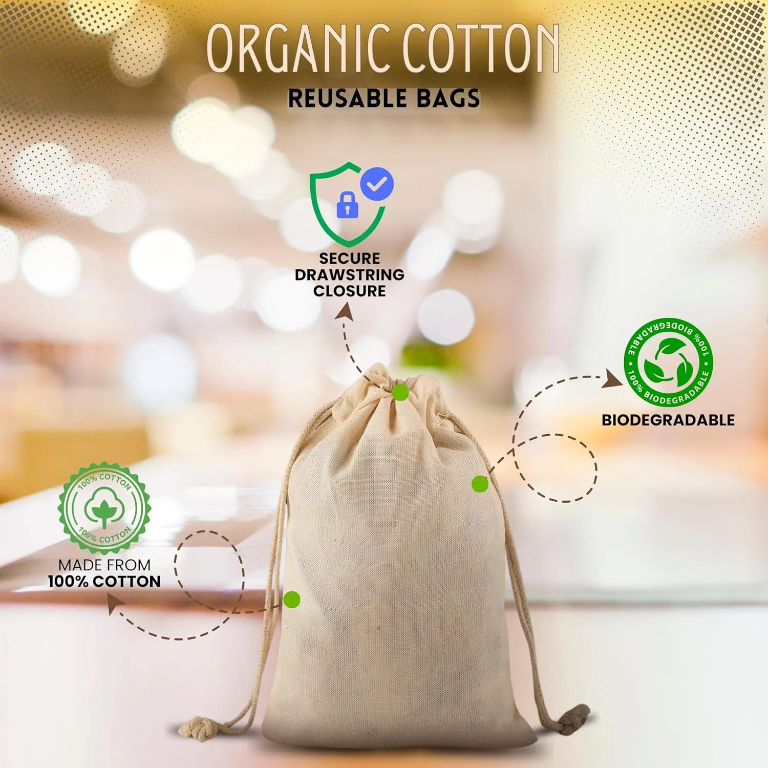 Organic Cotton Muslin Bags with Drawstrings - 100% Natural Cotton Bags, Washable, Biodegradable, Food Safe