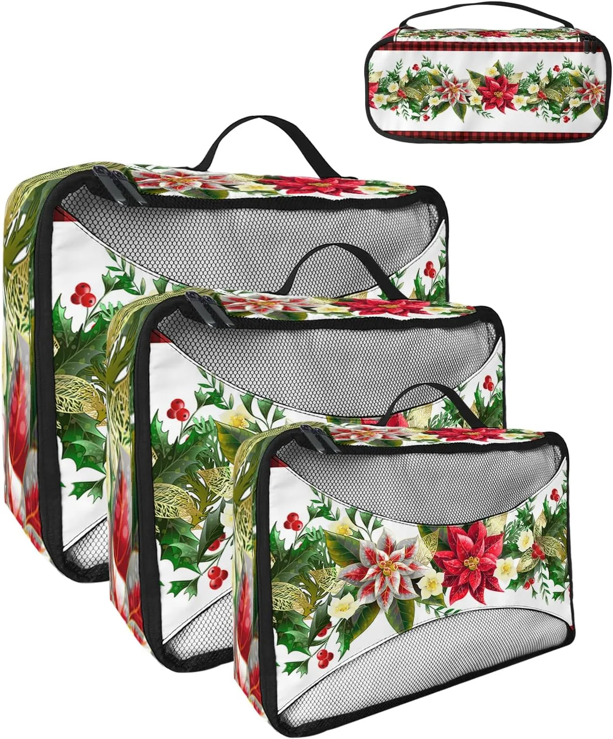Packing Cubes for Travel, 4 Set Travel Packing Organized Cubes Christmas Red and White Poinsettia Black White Plaid Waterproof Luggage Organizer Laundry Bag Travel Accessories for Carry On Suitcases