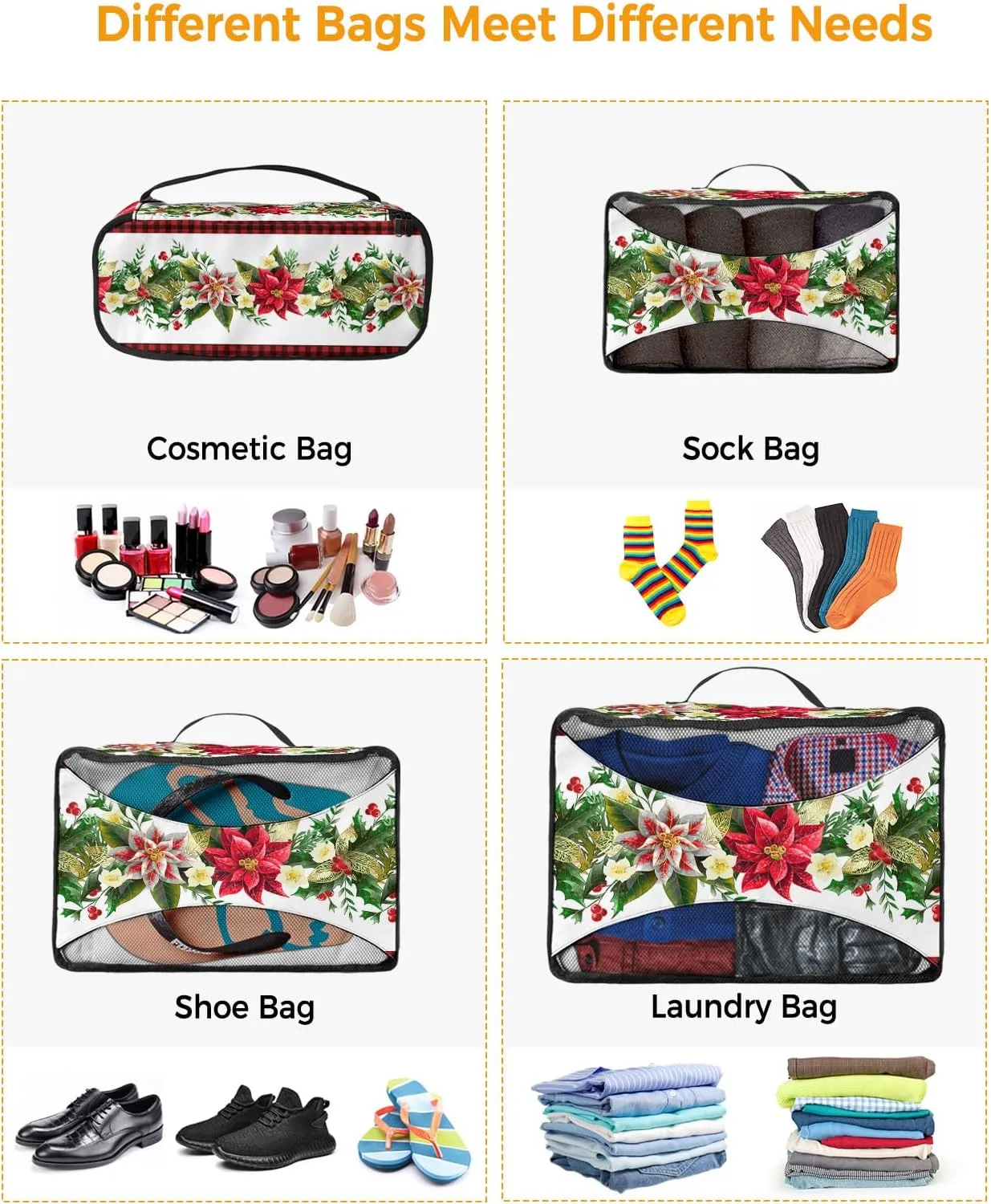 Packing Cubes for Travel, 4 Set Travel Packing Organized Cubes Christmas Red and White Poinsettia Black White Plaid Waterproof Luggage Organizer Laundry Bag Travel Accessories for Carry On Suitcases