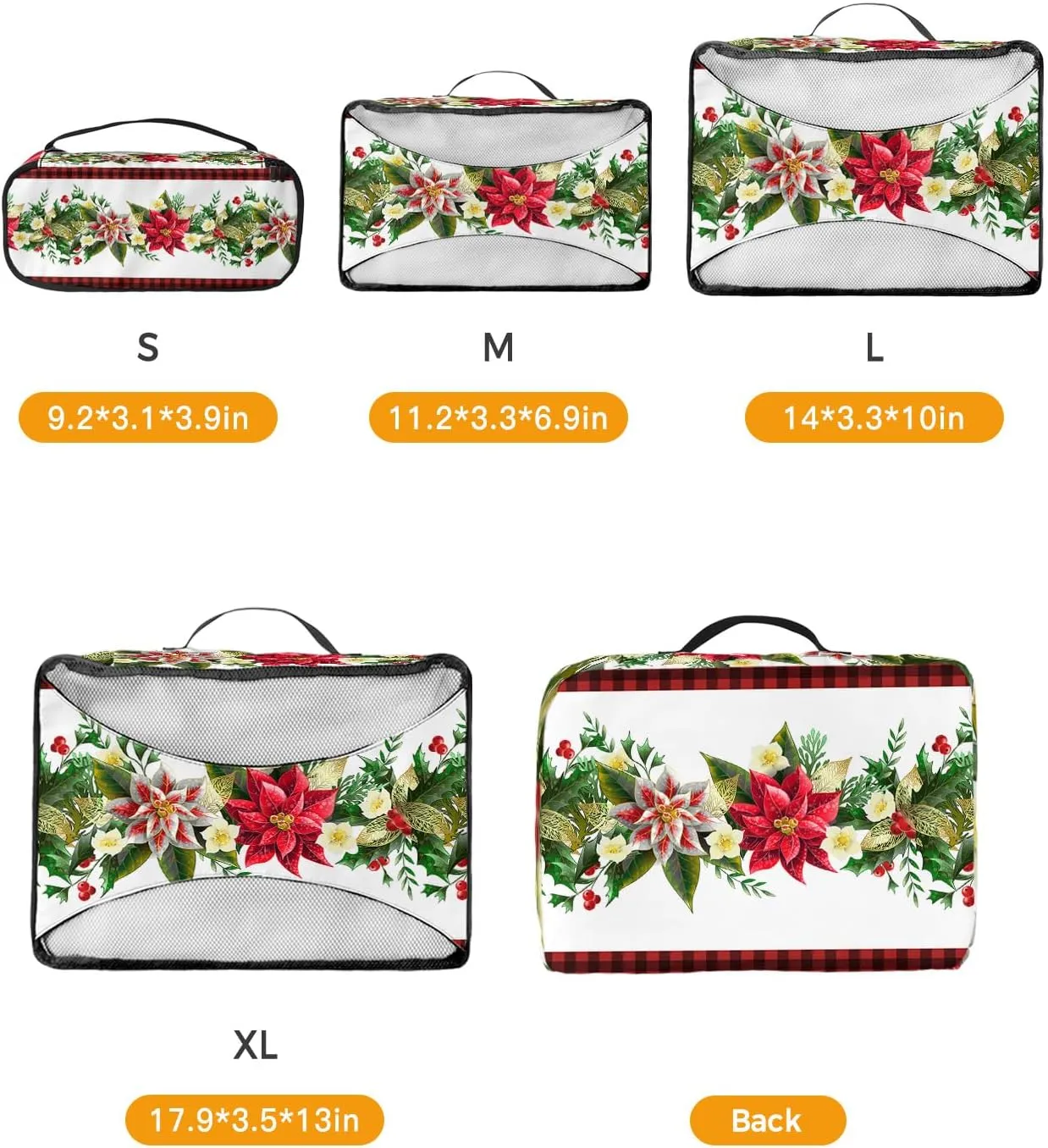 Packing Cubes for Travel, 4 Set Travel Packing Organized Cubes Christmas Red and White Poinsettia Black White Plaid Waterproof Luggage Organizer Laundry Bag Travel Accessories for Carry On Suitcases