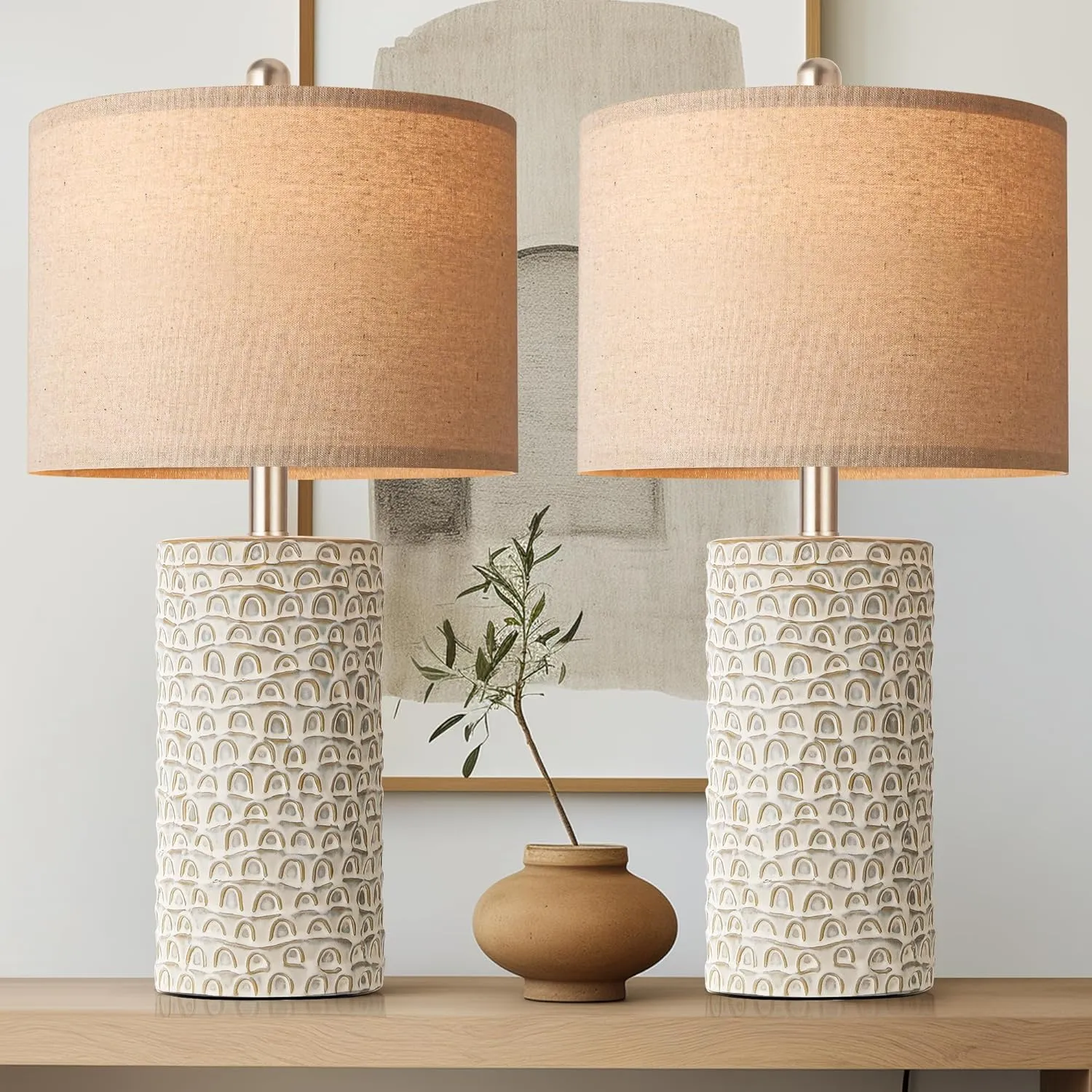 PARTPHONER 23" Modern Ceramic Table Lamp Set of 2, Table Lamps for Living Room, Rustic Farmhouse Bedside Lamps Nightstand lamp for Bedroom, Desk Lamp for End Table Home Decor Grey Shabby Chic White