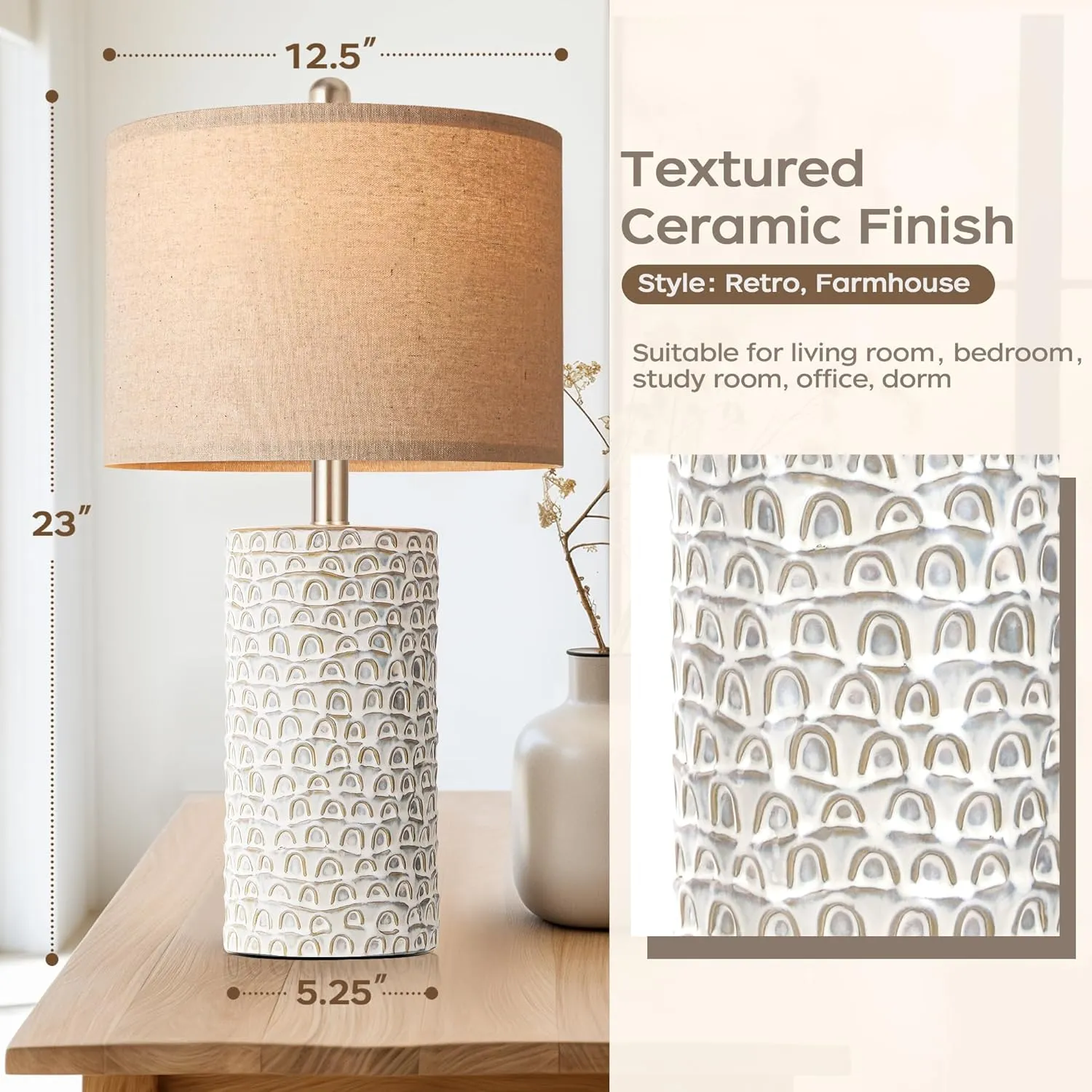PARTPHONER 23" Modern Ceramic Table Lamp Set of 2, Table Lamps for Living Room, Rustic Farmhouse Bedside Lamps Nightstand lamp for Bedroom, Desk Lamp for End Table Home Decor Grey Shabby Chic White