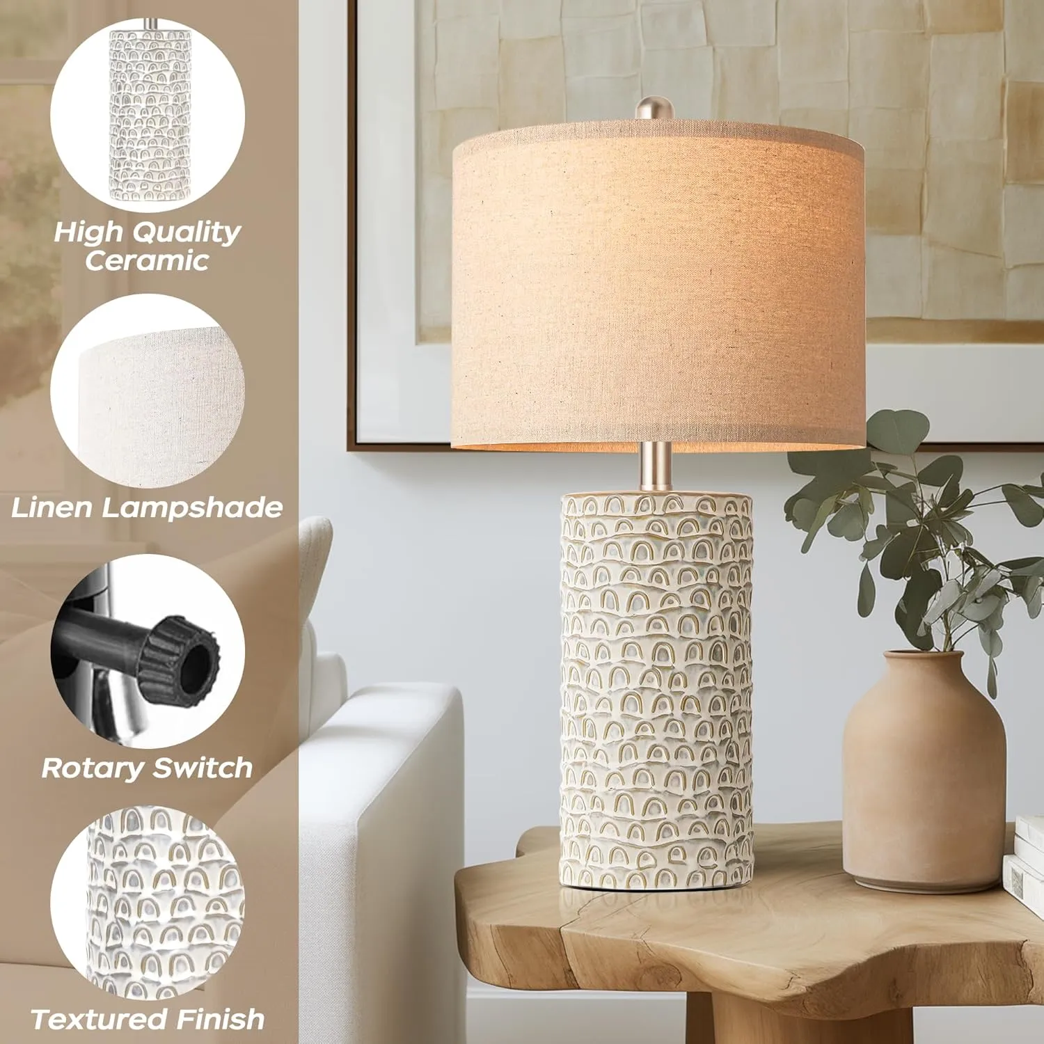 PARTPHONER 23" Modern Ceramic Table Lamp Set of 2, Table Lamps for Living Room, Rustic Farmhouse Bedside Lamps Nightstand lamp for Bedroom, Desk Lamp for End Table Home Decor Grey Shabby Chic White