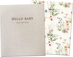 Peachly Baby Book for Girl | Minimalist Baby Memory Book | First Year Baby Book Keepsake for Milestones and Memories | Simple Baby Scrapbook Linen Cover - Fleur