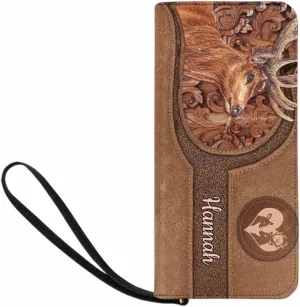 Personalized Name Clutch Wristlet with Strap, Custom Purple Flowers And Dog Wallet Cluth with Zipper Closure