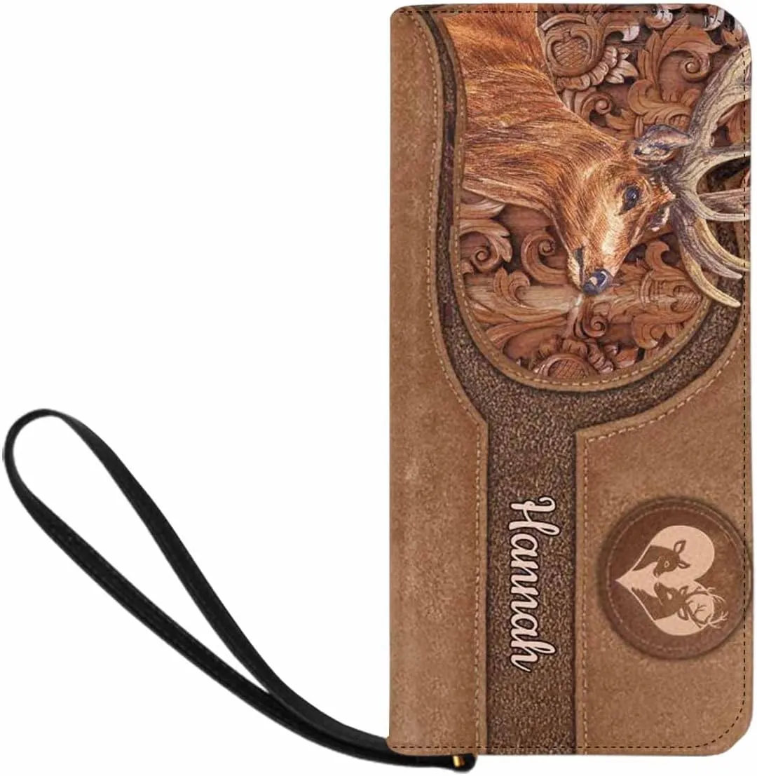 Personalized Name Clutch Wristlet with Strap, Custom Purple Flowers And Dog Wallet Cluth with Zipper Closure
