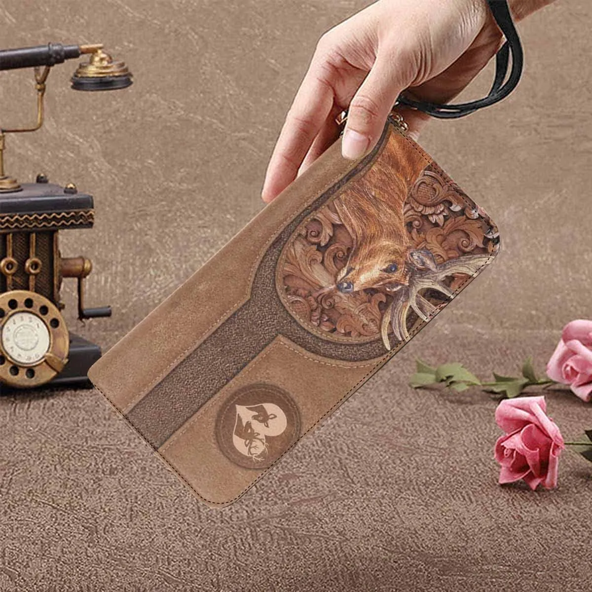Personalized Name Clutch Wristlet with Strap, Custom Purple Flowers And Dog Wallet Cluth with Zipper Closure
