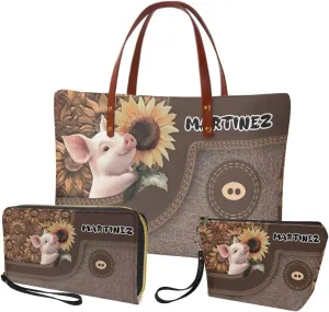Personalized Purse 3 Pcs Custom Purse and Wallet Set with Makeup Bag Customized Tote Bag with Name for Women