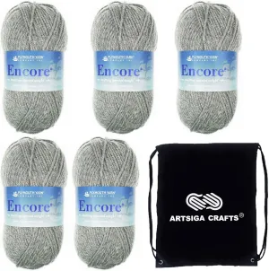 Plymouth Yarn for Knitting Encore Worsted Medium Grey 0194, 5-Skeins (Same Dyelot, Total: 500 gr, 1000 yds), Medium Weight #4, 75% Acrylic/25% Wool Blend, with Project Bag