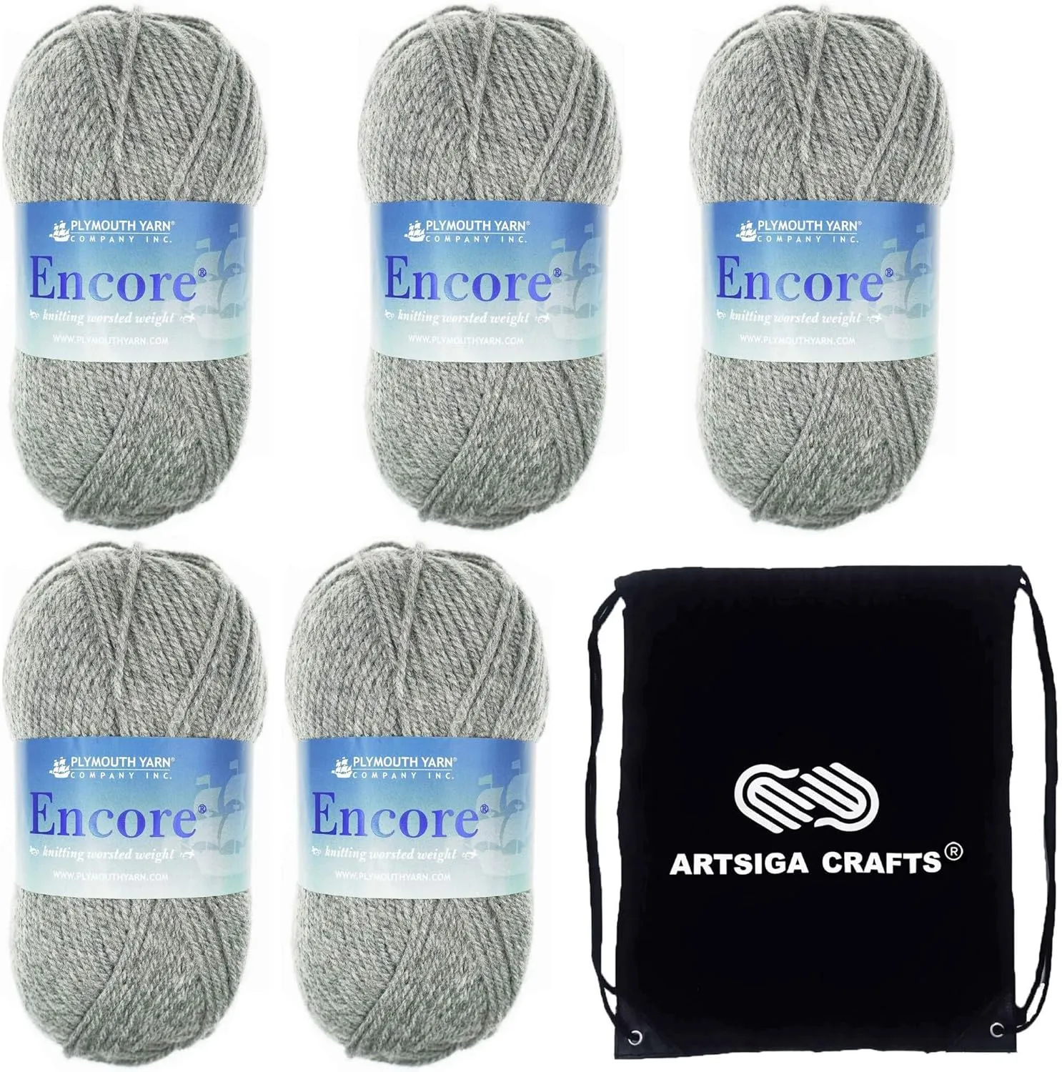 Plymouth Yarn for Knitting Encore Worsted Medium Grey 0194, 5-Skeins (Same Dyelot, Total: 500 gr, 1000 yds), Medium Weight #4, 75% Acrylic/25% Wool Blend, with Project Bag