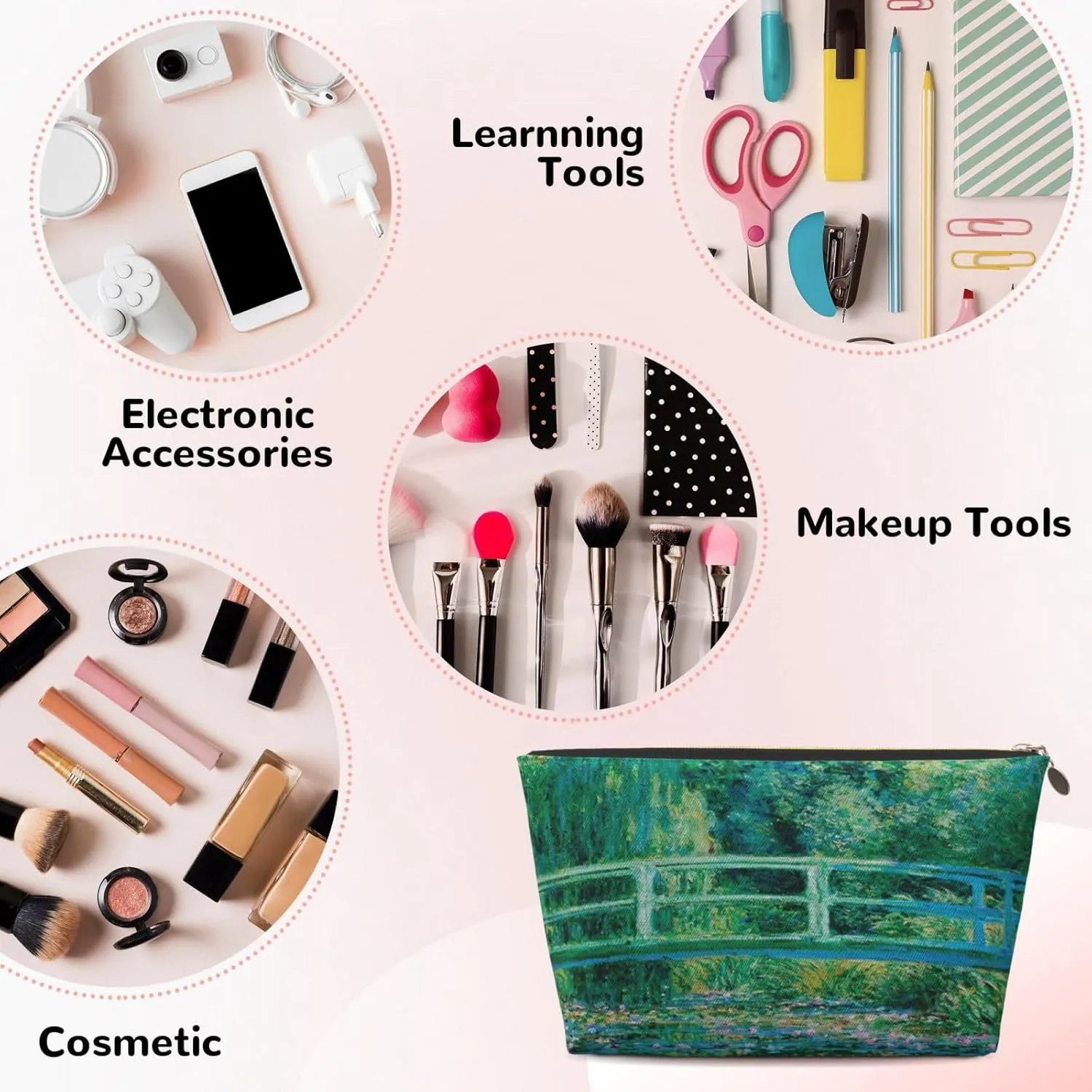 Portable Makeup Bag Zipper Pouch Travel Make up Organizer Bag Toiletry bag Water-resistant Aesthetic PVC Leather Cosmetic Bags for Women and Girls with Japanese Bridge and Water Lily Pond