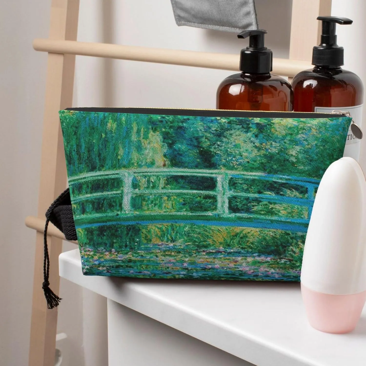 Portable Makeup Bag Zipper Pouch Travel Make up Organizer Bag Toiletry bag Water-resistant Aesthetic PVC Leather Cosmetic Bags for Women and Girls with Japanese Bridge and Water Lily Pond