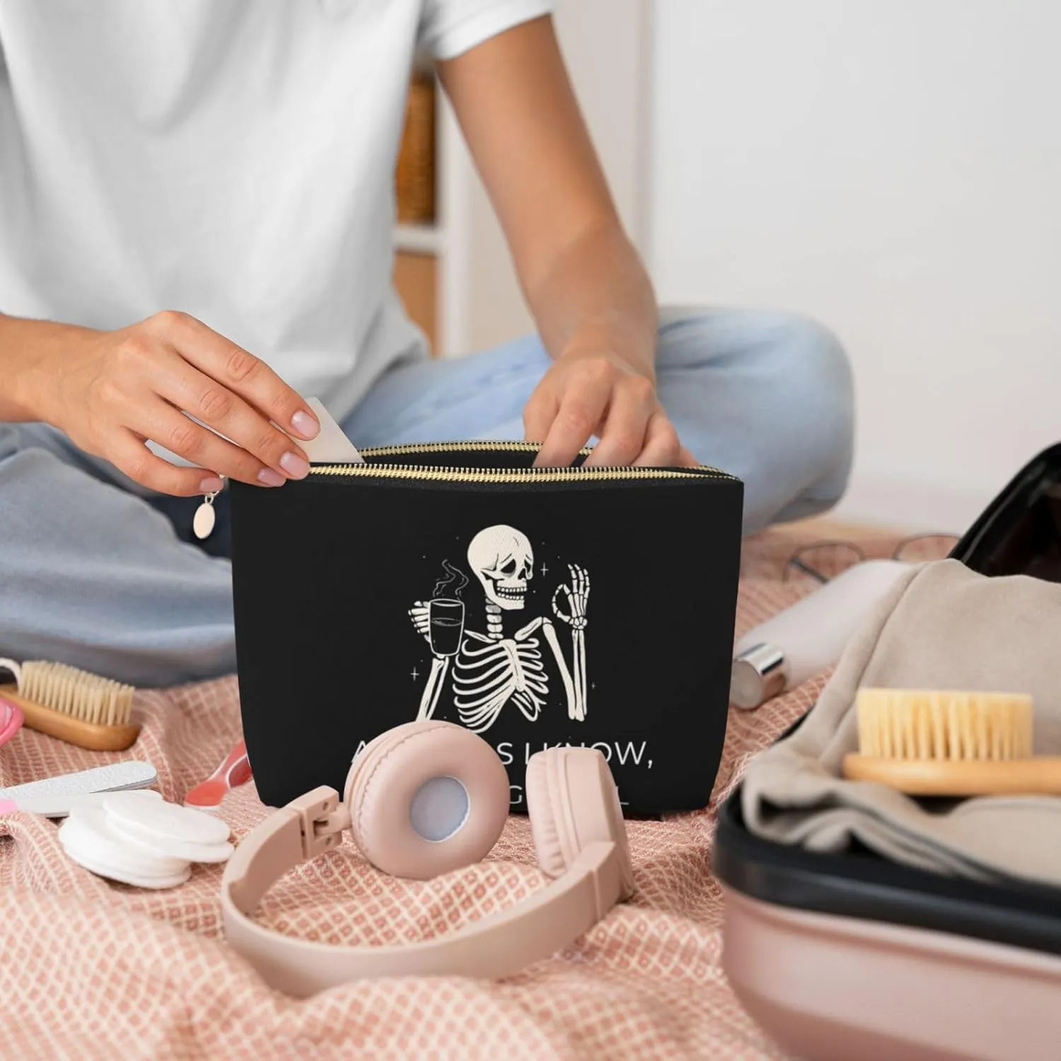 Portable Makeup Bag Zipper Pouch Travel Make up Organizer Bag Toiletry bag Water-resistant Aesthetic PVC Leather Cosmetic Bags for Women and Girls with Skeleton