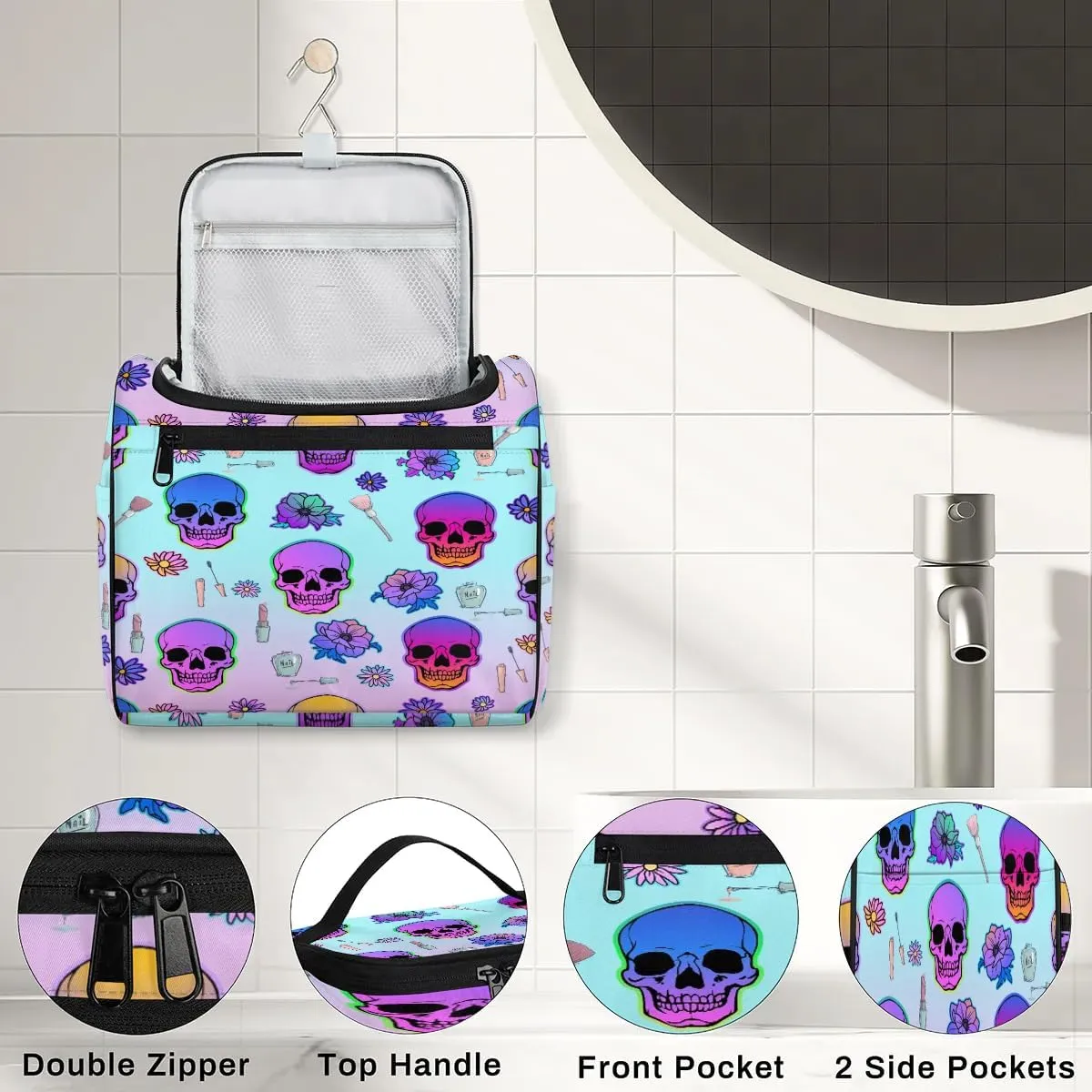 Portable Toiletry Cosmetic Travel Bag - Large Water Resistant Hanging Makeup Organizer Storage Pouch Case for Women Girls, Brush & Accessories Storage