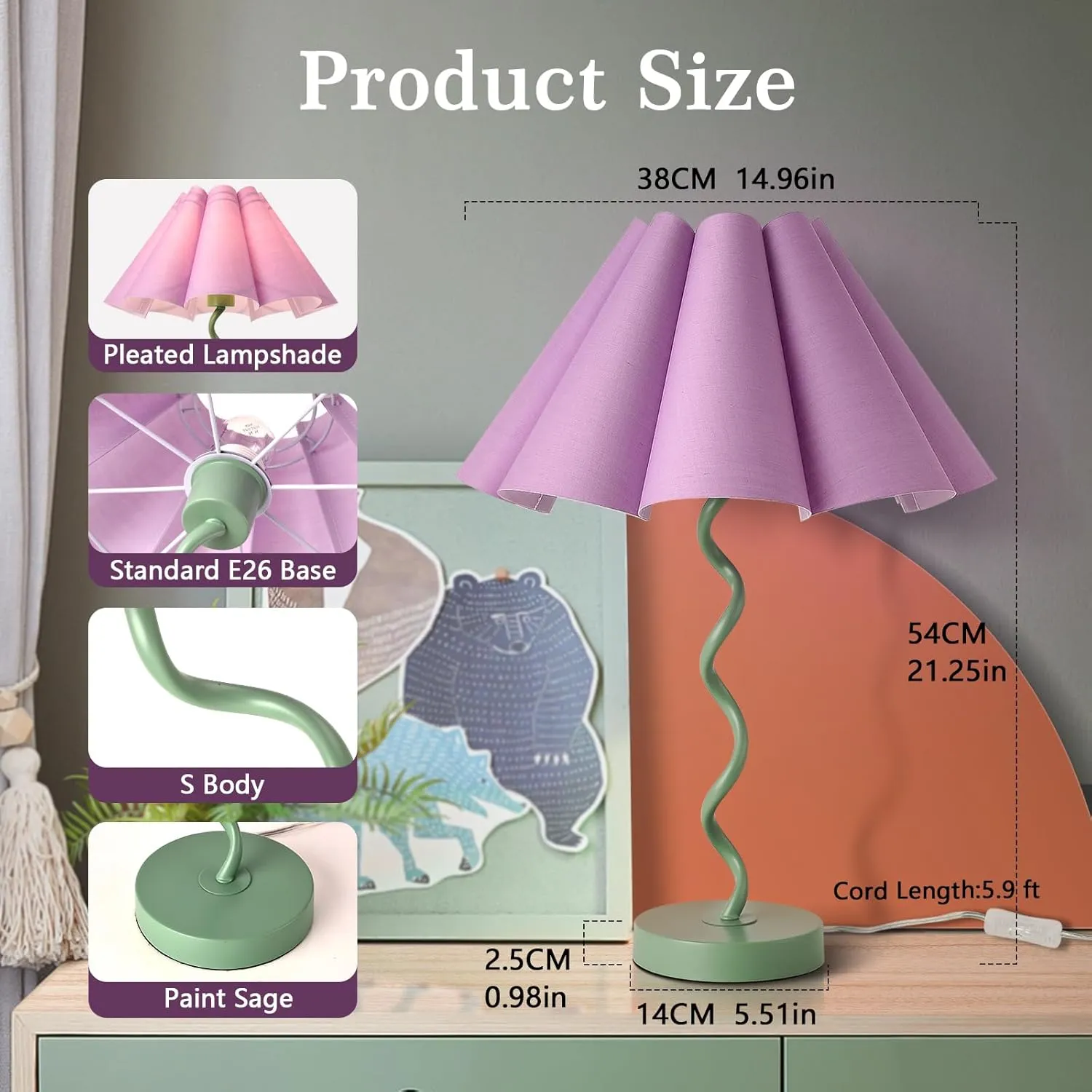 Purple Funky Table Lamp with Pleated Lamp Shape, Unique Table Lamp for Bedroom, Sage with Purple Table Lamp Bedside Lamps for Nightstand, Living Room (Purple)