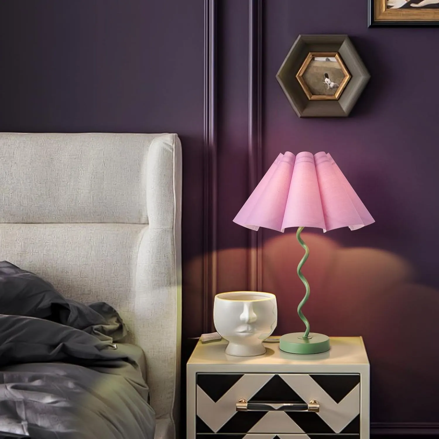 Purple Funky Table Lamp with Pleated Lamp Shape, Unique Table Lamp for Bedroom, Sage with Purple Table Lamp Bedside Lamps for Nightstand, Living Room (Purple)