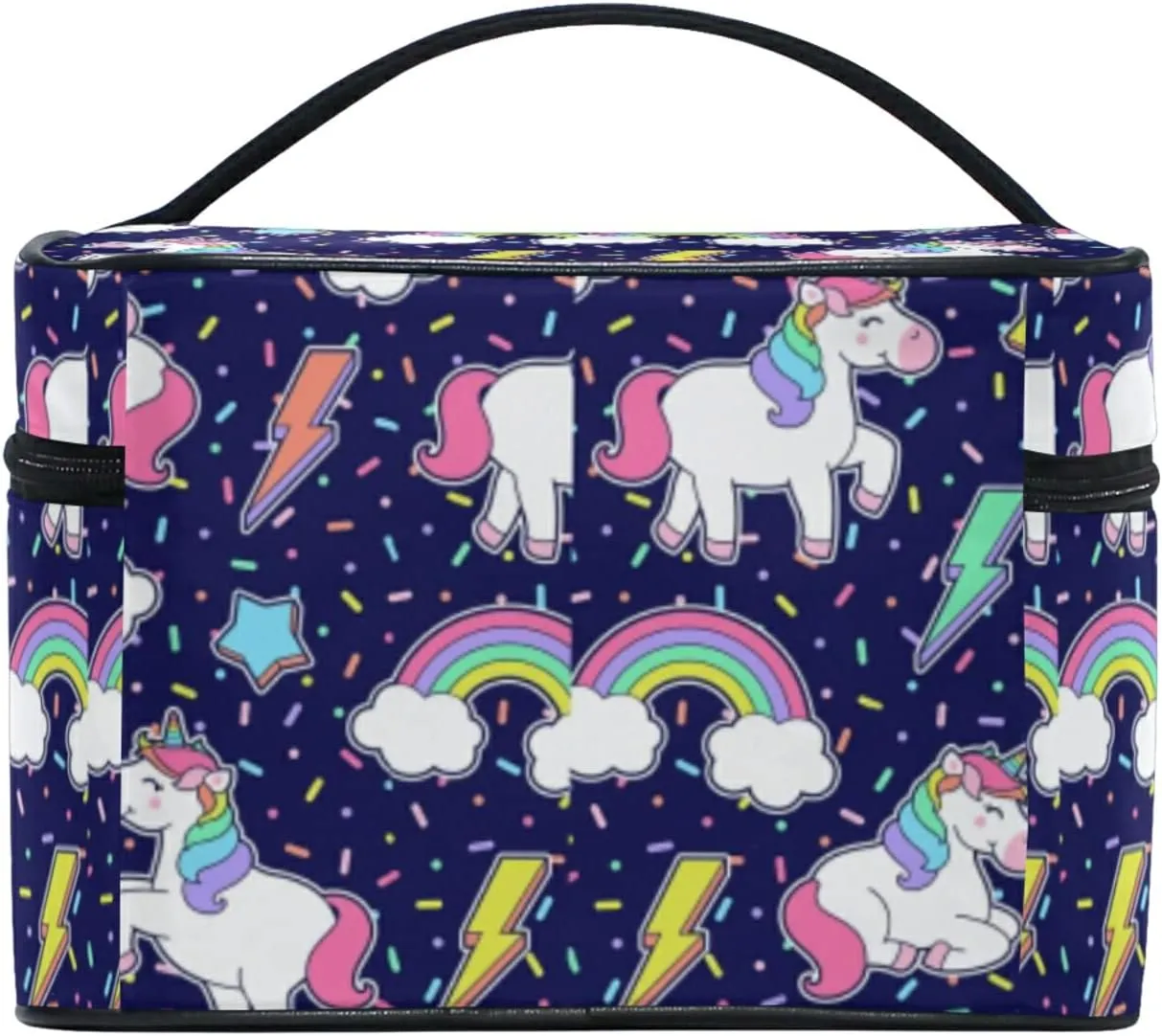 Purple Unicorn, Rainbow, Star, Thunder Seamless with Sprinkles Beauty Cosmetic with Zipper Brush Portable Storage Bag, Fashion printing Toiletry, Durable Travel Organizer Tote Unisex Gifts