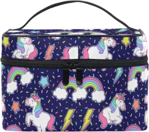 Purple Unicorn, Rainbow, Star, Thunder Seamless with Sprinkles Beauty Cosmetic with Zipper Brush Portable Storage Bag, Fashion printing Toiletry, Durable Travel Organizer Tote Unisex Gifts
