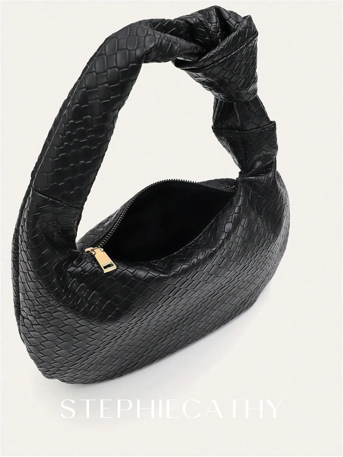 QWINEE Women's Woven Shoulder Bag Retro Vintage Zipper Faux Leather Small Underarm Purse with Knotted Strap