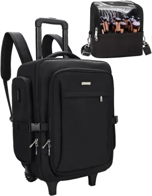 Relavel Rolling Makeup Bag with Makeup Brush Bag, Professional Cosmetic Train Case with 2 Wheels, Extra Large Travel Make Up Box Organizer with Detachable Dividers, Black