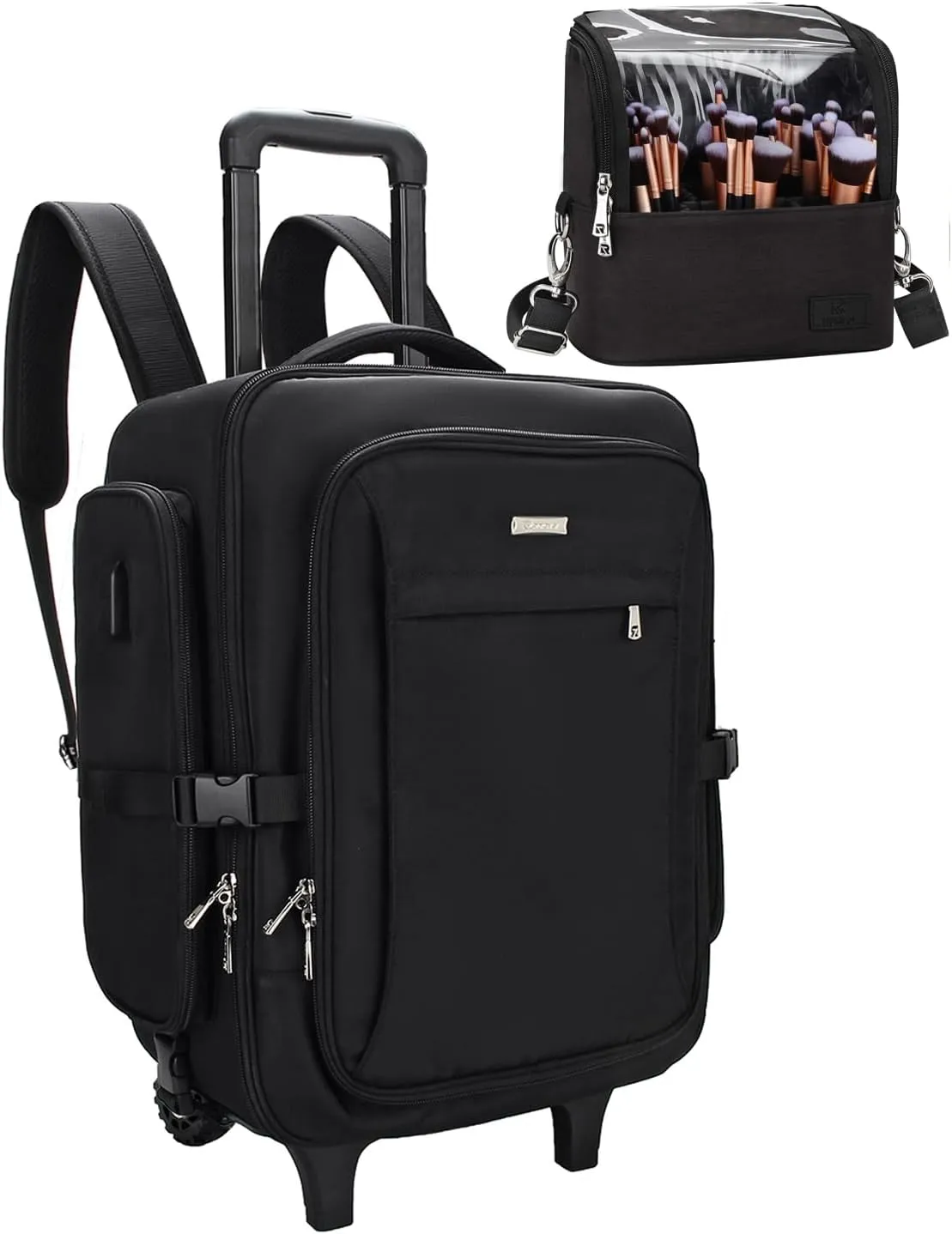 Relavel Rolling Makeup Bag with Makeup Brush Bag, Professional Cosmetic Train Case with 2 Wheels, Extra Large Travel Make Up Box Organizer with Detachable Dividers, Black
