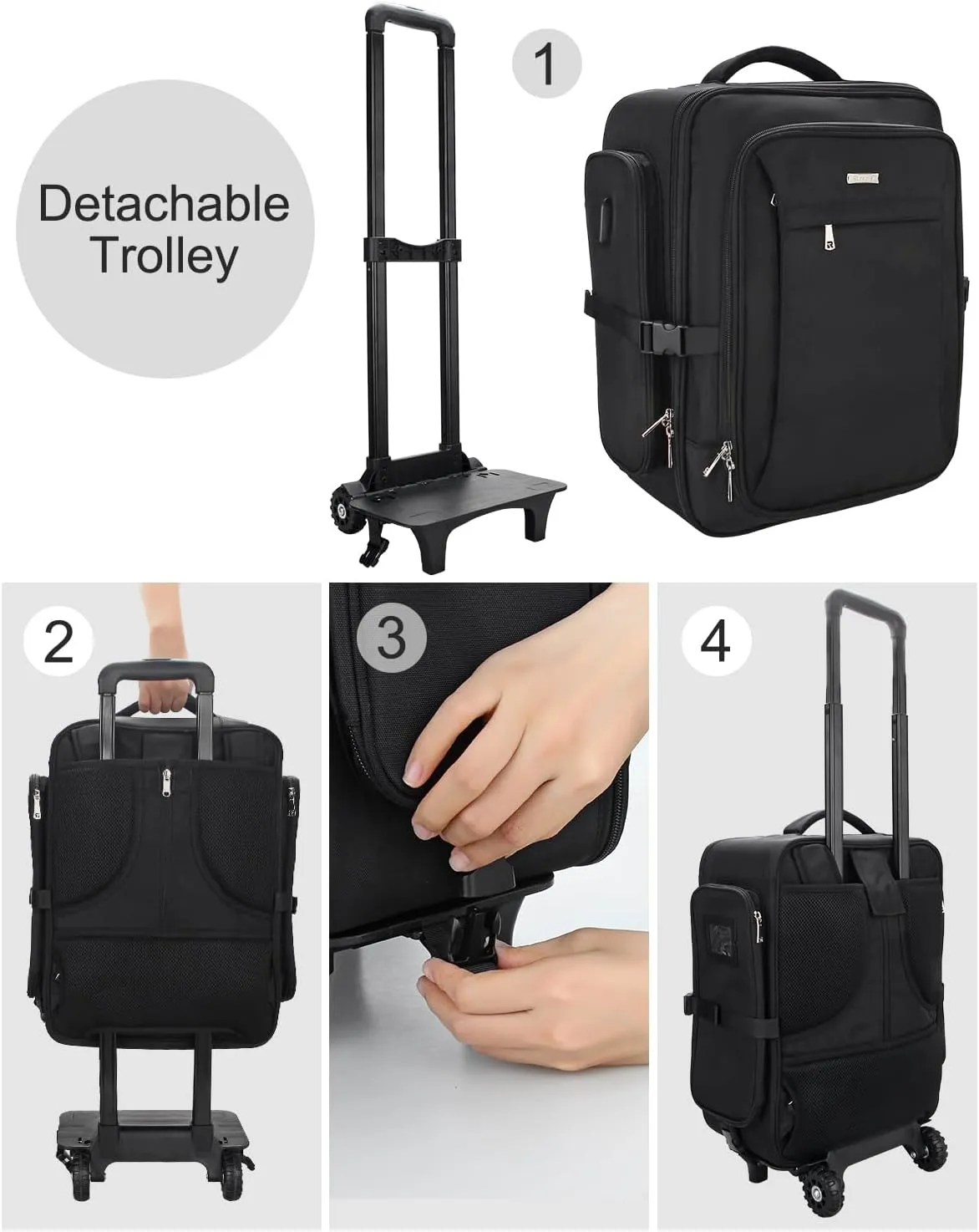 Relavel Rolling Makeup Bag with Makeup Brush Bag, Professional Cosmetic Train Case with 2 Wheels, Extra Large Travel Make Up Box Organizer with Detachable Dividers, Black