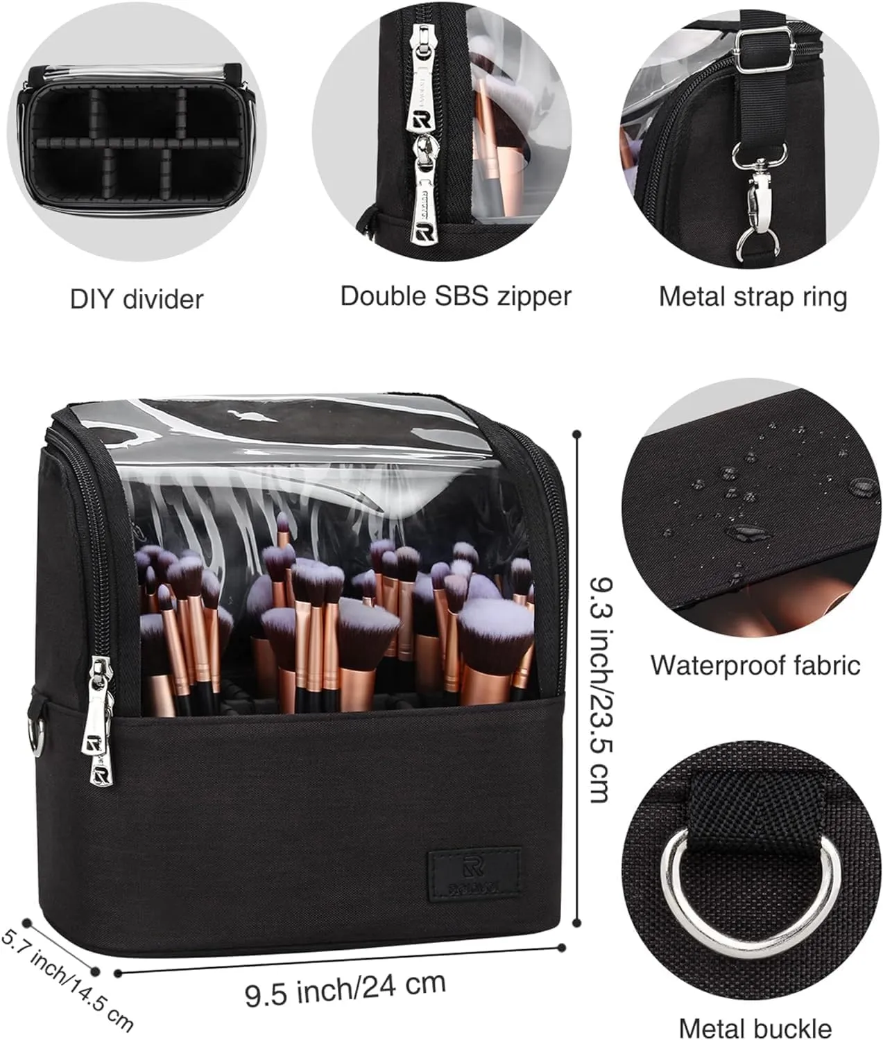Relavel Rolling Makeup Bag with Makeup Brush Bag, Professional Cosmetic Train Case with 2 Wheels, Extra Large Travel Make Up Box Organizer with Detachable Dividers, Black