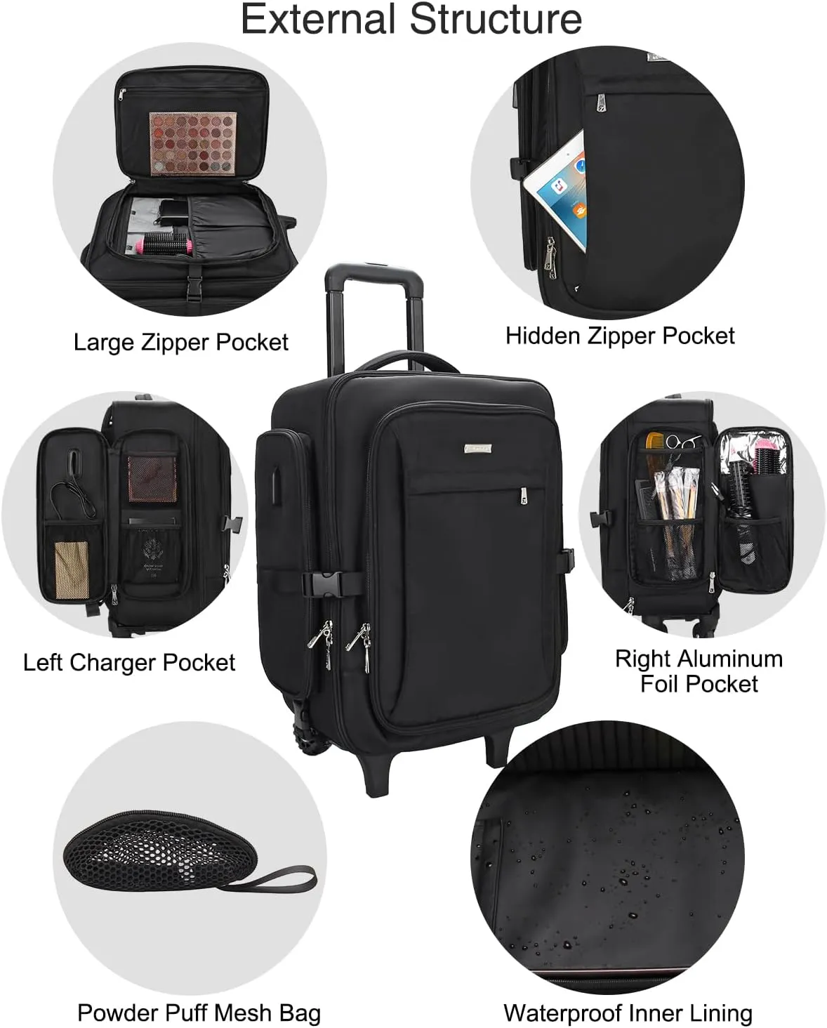 Relavel Rolling Makeup Bag with Makeup Brush Bag, Professional Cosmetic Train Case with 2 Wheels, Extra Large Travel Make Up Box Organizer with Detachable Dividers, Black