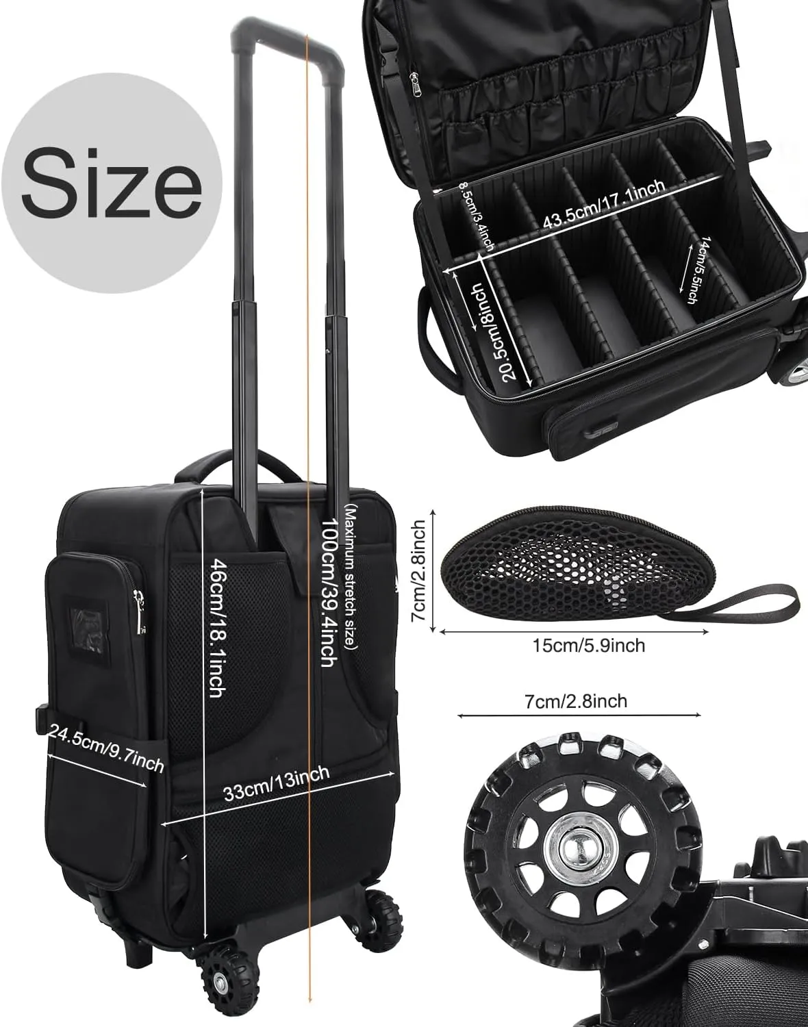 Relavel Rolling Makeup Bag with Makeup Brush Bag, Professional Cosmetic Train Case with 2 Wheels, Extra Large Travel Make Up Box Organizer with Detachable Dividers, Black