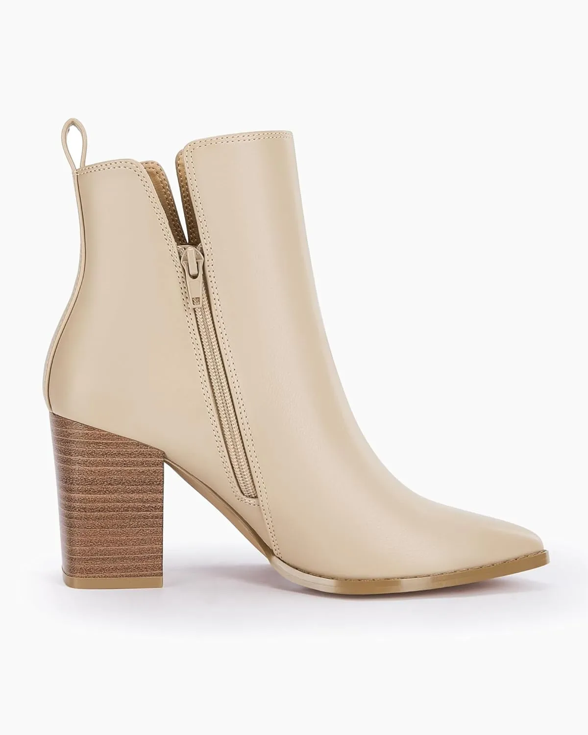 Rilista Womens V Cutout Ankle Boots Pointed Toe Chunky Block Stacked Heel Booties Side Zipper Shoes