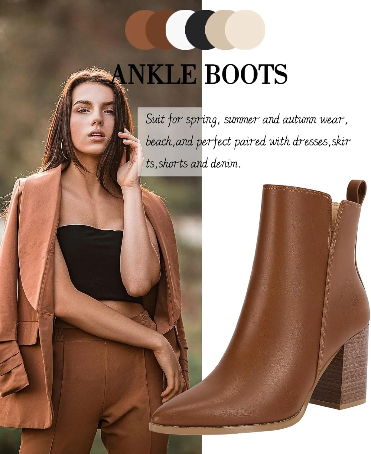 Rilista Womens V Cutout Ankle Boots Pointed Toe Chunky Block Stacked Heel Booties Side Zipper Shoes