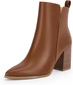 Rilista Womens V Cutout Ankle Boots Pointed Toe Chunky Block Stacked Heel Booties Side Zipper Shoes