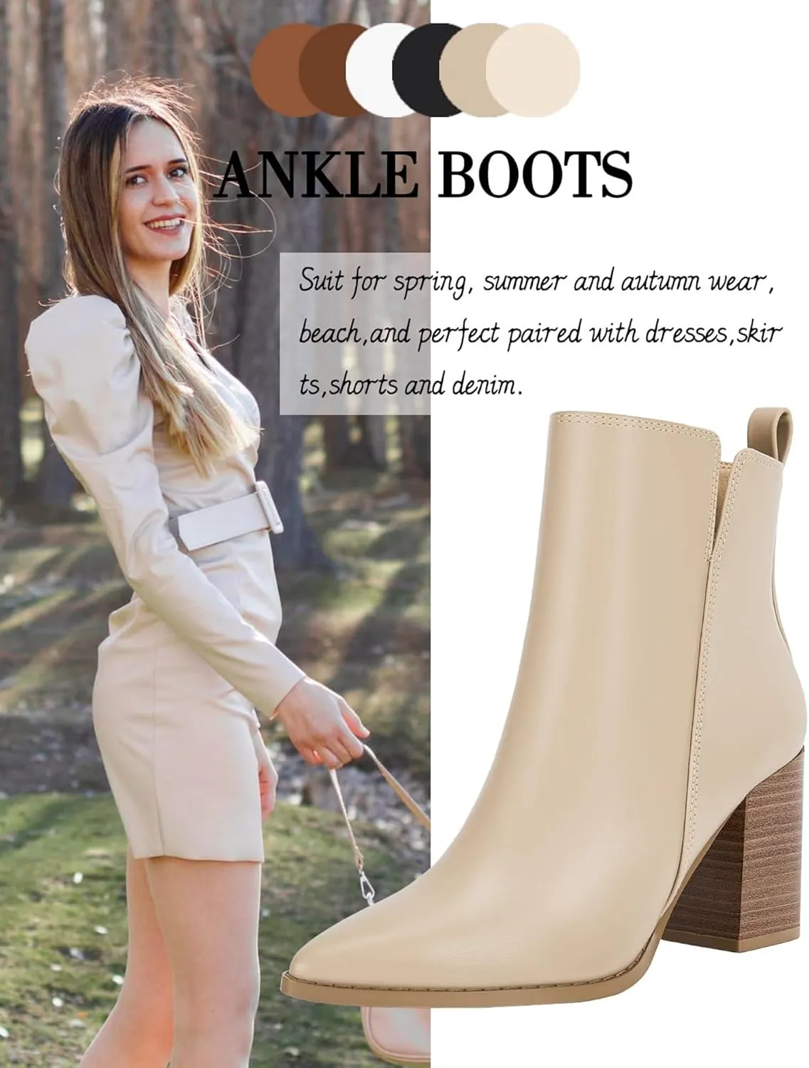 Rilista Womens V Cutout Ankle Boots Pointed Toe Chunky Block Stacked Heel Booties Side Zipper Shoes