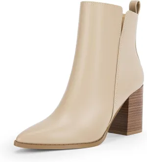 Rilista Womens V Cutout Ankle Boots Pointed Toe Chunky Block Stacked Heel Booties Side Zipper Shoes