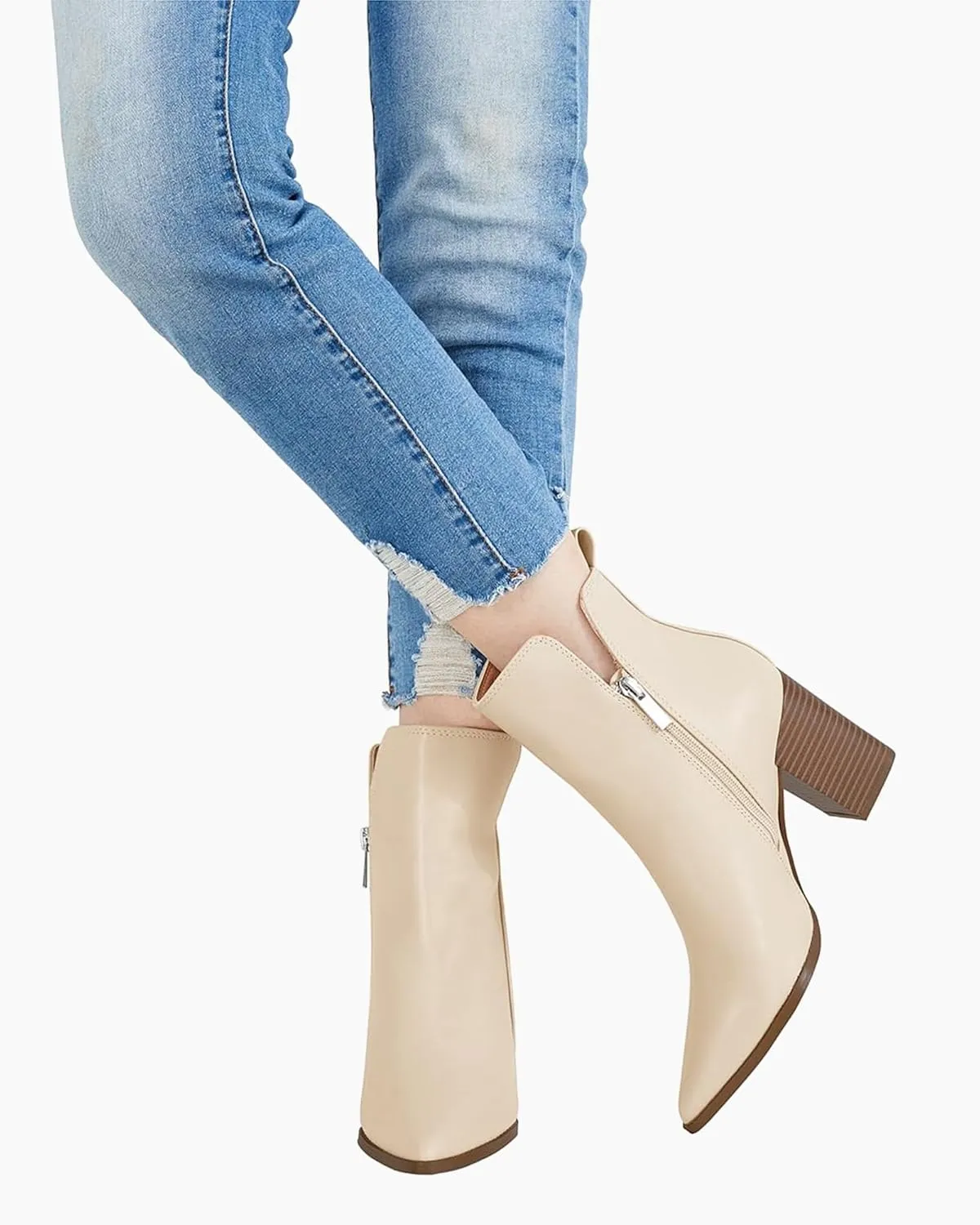 Rilista Womens V Cutout Ankle Boots Pointed Toe Chunky Block Stacked Heel Booties Side Zipper Shoes
