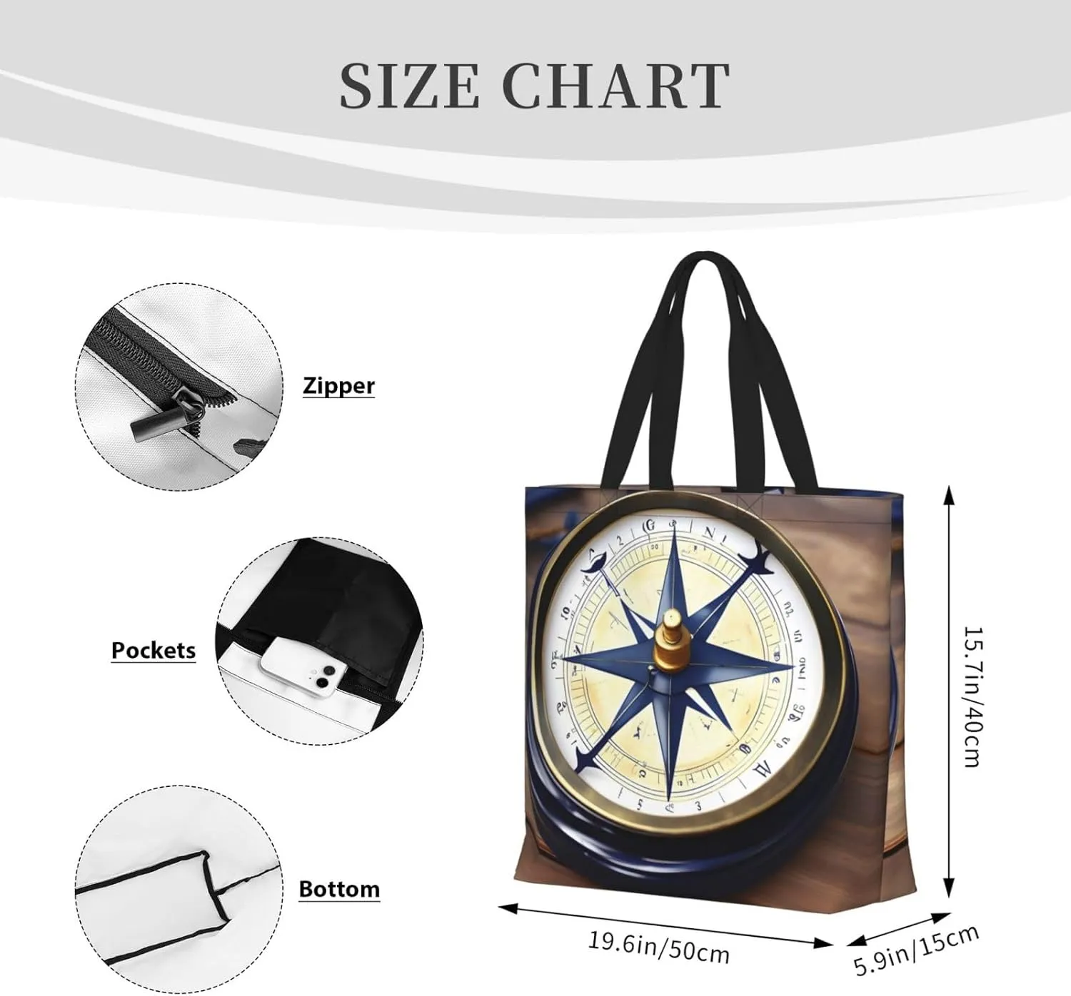 Sail Boat Nautical Compass Print Aesthetic Tote Bag For Women Cute Tote Bag Funny With Library Reusable Grocery Bag